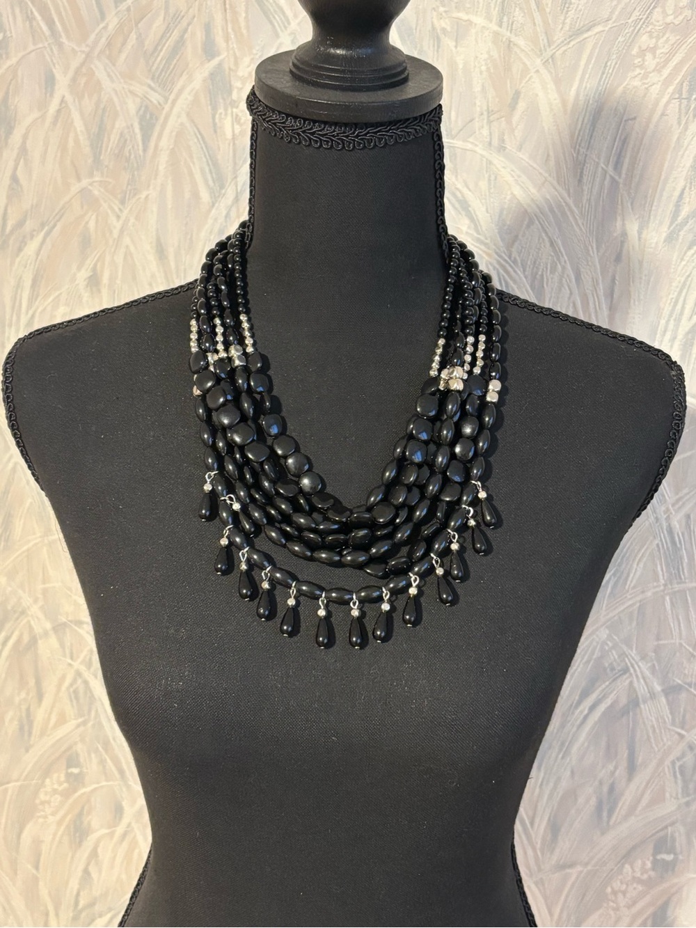 C1946 Multi-Strand Black Beaded Statement Necklace 21”+3”